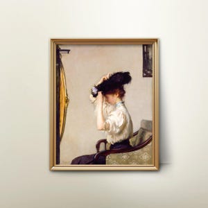 Edwardian Woman Portrait Art – Vintage Feminine Artwork, Sophisticated Woman Looking in Mirror