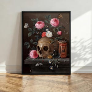 Vanitas Skull Painting Print: 17th Century Still Life, Dark Academia Decor imagem 2