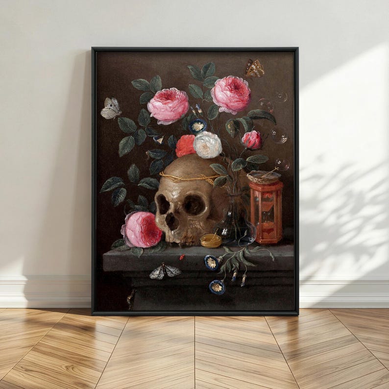Vanitas Skull Painting Print: 17th Century Still Life, Dark Academia Decor imagem 2