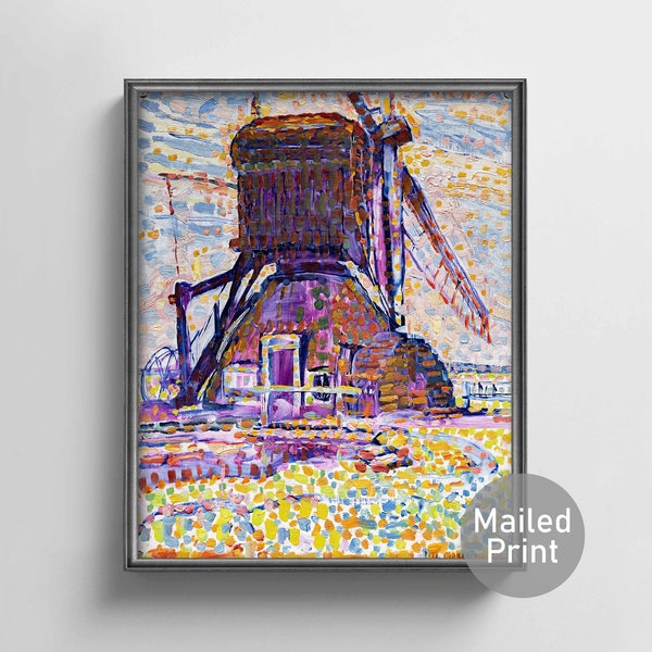 The Winkel Mill 1900s Piet Mondrian Art -- pointillism painting, dutch tulip print, impressionist windmill art, purple decor