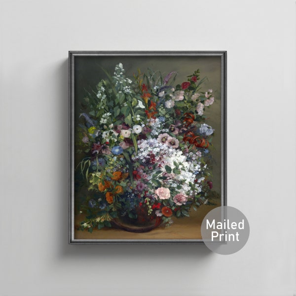 Bouquet of Flowers in a Vase 1860s Gustave Courbet Print --- french botanical, floral still life, hot house flower painting