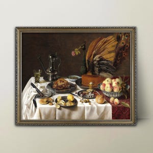 Mesa con pastel de pavo real del siglo XVII --- Pintura holandesa antigua, arte culinario de lujo, decoración elegante para el comedor, arte de pared para la cocina