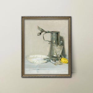 Cocktail Art - still life print with lemon impressionist painting, chic dining room decor, grey kitchen decor