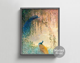 Peacock Art 1930s Exotic Bird Print --- willow tree wall art, river landscape, impressionist painting, vintage peacock print