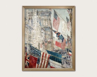 Vintage Allies Day Print: Impressionist NYC Flag Parade Art