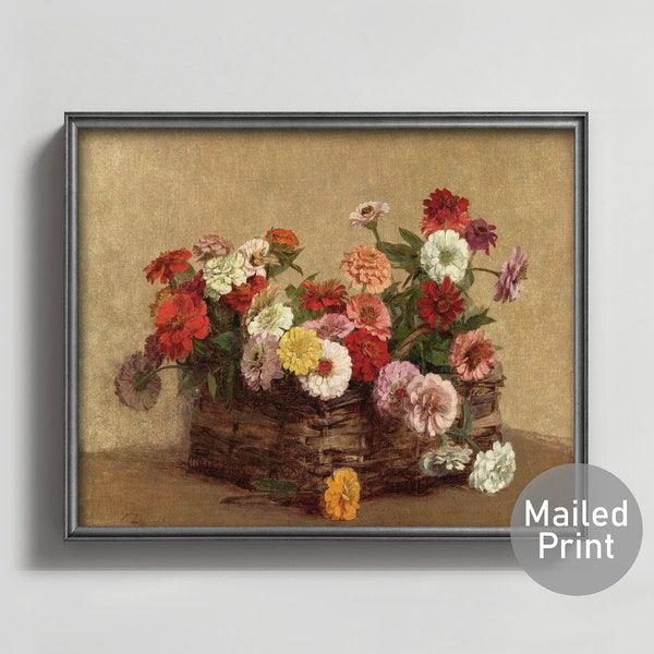 Zinnias in a Basket 1880s Zinnia Painting --- country bouquet of flowers art, rustic basket painting, botanical still life