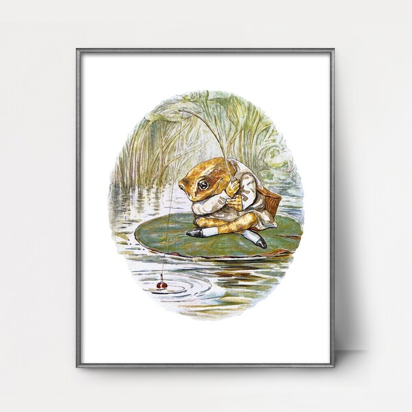 Fishing Frog Beatrix Potter Print --- vintage beatrix potter nursery wall art, frog print lily pad, baby boy nursery decor