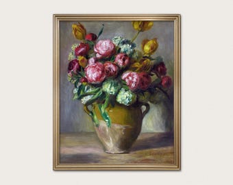 Renoir Peony Painting - Vintage Farmhouse Flower Art, Dark Still Life Peonies Print