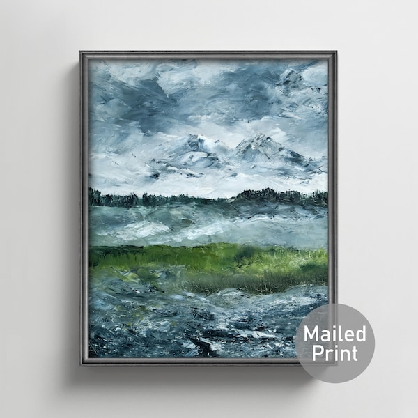 Landscape Study 1900s Scandinavian Painting --- blue green minimalist decor, vintage modern art, impressionist cloud print