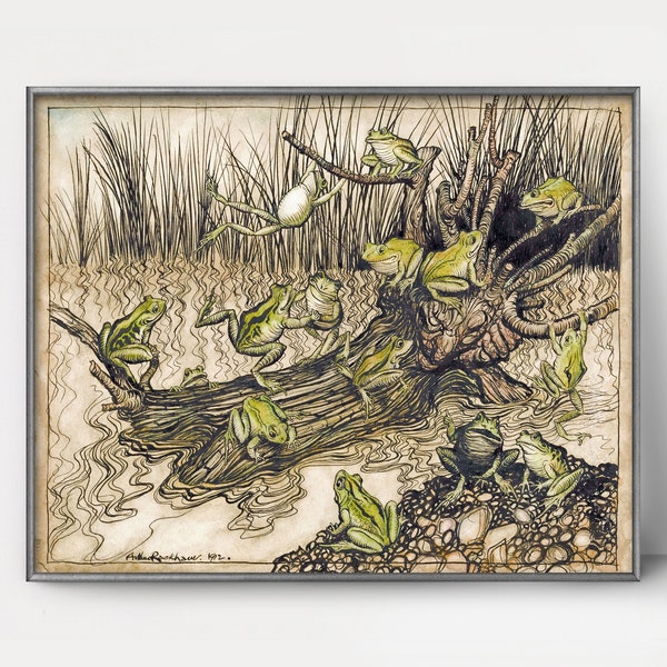 1900s Frog Art Classic Arthur Rackham Print --- victorian book art nouveau print, antique frog decor, green frog wall art