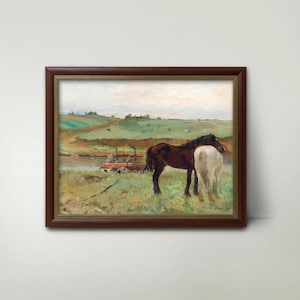 Horses in a Field - Edgar Degas Landscape Print, Antique Horse Painting for Cottage Farmhouse Decor