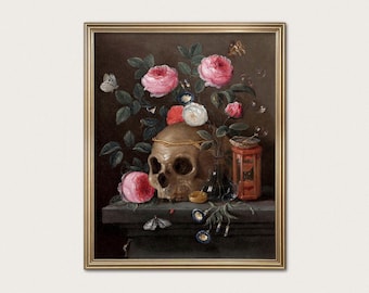 Vanitas Skull Painting Print: 17th Century Still Life, Dark Academia Decor