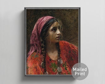 Woman 1870s Bohemian Portrait Painting --- earthy red romanticism, vintage boho decor, free spirit art, bohemian aesthetic