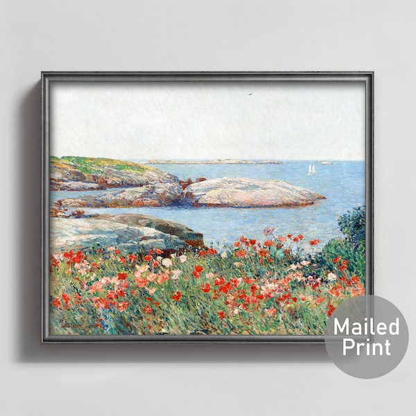 Poppies 1890s Rocky Beach Seascape --- ocean art impressionist painting, poppy print, coastal maine decor, wildflower art