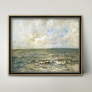 Seascape 1870s Ocean Painting -- vintage white cloud print, sea green coastal art, impressionist ocean wall art, beach decor
