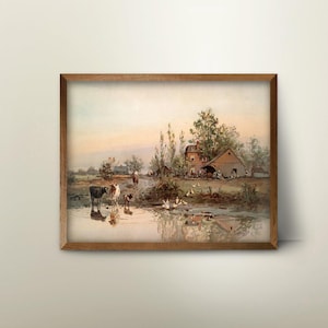 American Farm Landscape Print – Antique Farmhouse Wall Art, Barn Painting