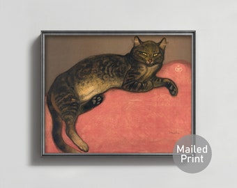 Cat on a Cushion 1900s Cat Painting -- french cat artwork, vintage boho decor cat art, antique cat print, comfy cat wall art
