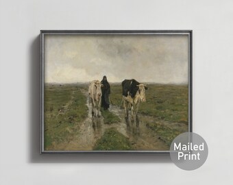 Changing Pastures 1880s Neutral Farm Landscape Print -- storm cloud art, vintage dairy cow painting, rainy country landscape