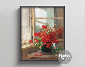 Poppies by a Window 1870s Poppy Painting -- red poppies, vase of flowers art, rustic window painting, botanical still life