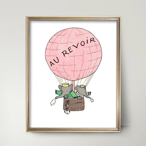 Arte de pared para guardería con globo aerostático --- Regalo para baby shower de Babar el elefante, arte para guardería de niña, impresión de Babar, decoración de guardería rosa