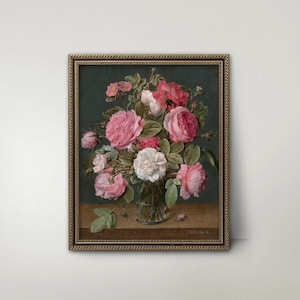Pink Roses Art - Antique Still Life Oil Painting, Romantic Pink Rose Print