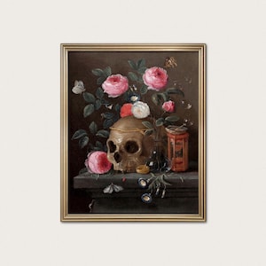 Vanitas Skull Painting Print: 17th Century Still Life, Dark Academia Decor imagem 1