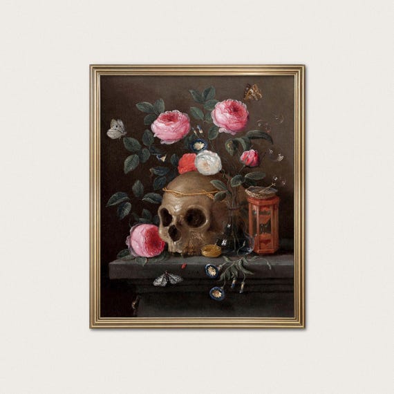 Vanitas Skull Painting Print: 17th Century Still Life, Dark Academia Decor