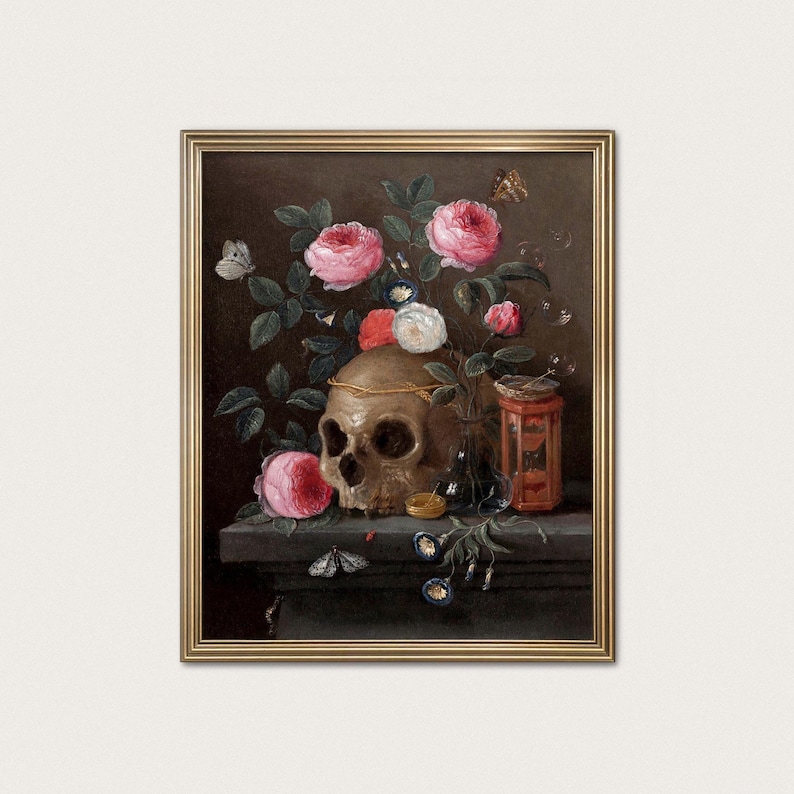 Vanitas Skull Painting Print: 17th Century Still Life, Dark Academia Decor imagem 1