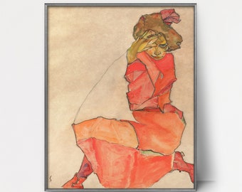 Woman Kneeling 1910 Egon Schiele Expressionist Painting -- vintage modern art, noir portrait print, dark intense figural art