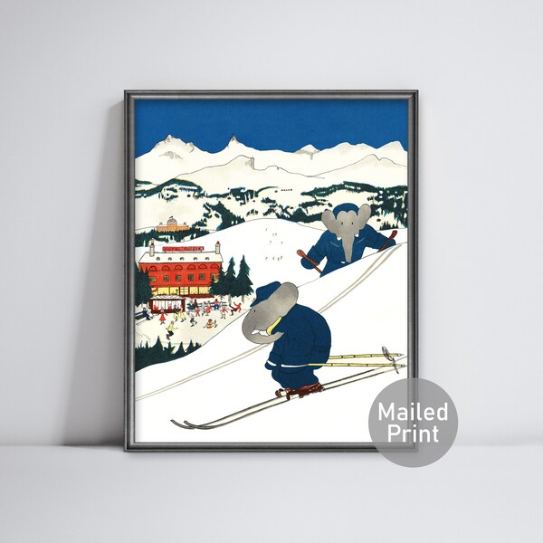 Babar Print Ski Skiing Sports • Gender neutral • Baby boy nursery wall art • Elephant baby shower gift for girl • Kids room decor