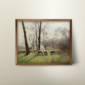 Shepherd with his Flock - Pastural Landscape Art, Vintage Sheep Painting