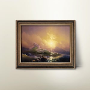 Antique Shipwreck Painting – Dramatic Maritime Art Print, Colorful Ocean Sunset Print