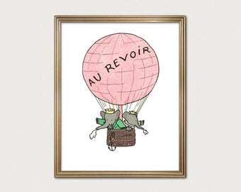 Babar Pink Hot Air Balloon Print | Sweet Baby Girl Nursery Decor | 1930s Storybook Illustration | Fine Art Print