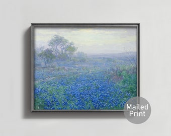 Cloudy Day Bluebonnets 1900s Blue Flower Landscape Art -- texas landscape wall art, wildflower print, impressionist painting