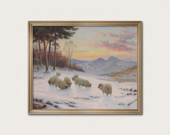 Vintage Sheep Art Print - Pink Sunset Landscape, Farmhouse Wall Art