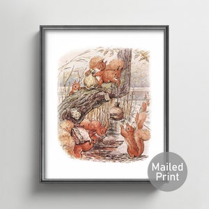 Gathering Acorns Beatrix Potter Print --- vintage beatrix potter nursery wall art, squirrel nutkin, baby boy nursery decor