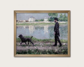 Vintage Poodle Art Print - Handsome Man and Dog by the Seine River, Chic Parisian Landscape