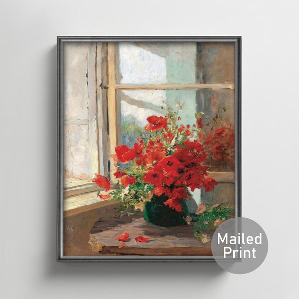 Poppies by a Window 1870s Poppy Painting -- red poppies, vase of flowers art, rustic window painting, botanical still life
