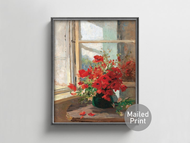 Poppies by a Window 1870s Poppy Painting red poppies, vase of flowers art, rustic window painting, botanical still life image 1
