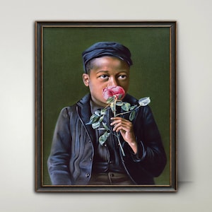 Belleza americana Arte afroamericano de la década de 1890 --- Pintura de un niño negro del siglo XIX oliendo una rosa, niño afroamericano vintage