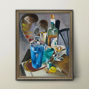 Naturaleza muerta con mesa de artistas de cócteles de los años 20 --- impresión de martini vintage, arte de cócteles, decoración de bar de la prohibición, arte de pared genial para hombres