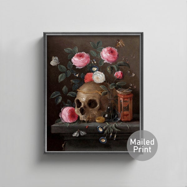 Vanitas 17th Century Skull Painting --- pink rose portrait, antique goth decor, dark academia skull art, bones anatomy print