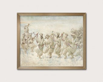 Vintage Polar Bear Dance Art Print: Whimsical Winter Giclée