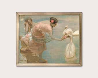Art Nouveau Swan Print: Muted Lake House Giclée Art