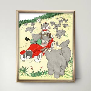 Decoración infantil con elefante Honk Honk: regalo para baby shower de Babar el elefante, arte de pared infantil de coche de carreras para niño y niña, impresión vintage de Babar