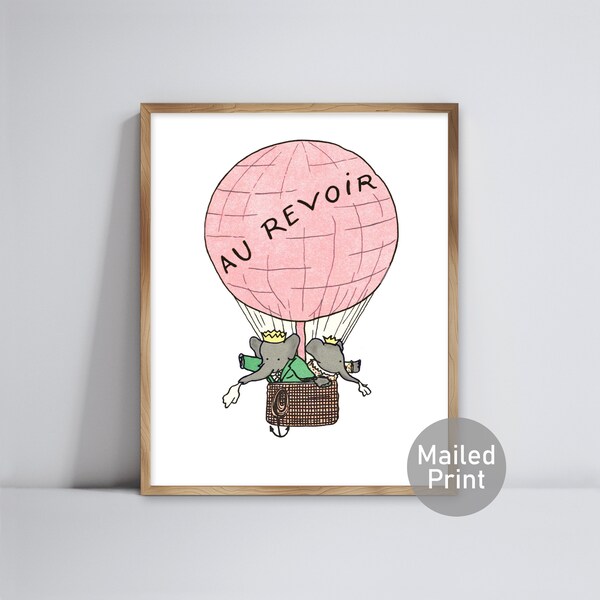 Babar Print Hot air balloon nursery wall art • Pink baby girl bedroom • Elephant baby shower gift for girl • Kids room decor