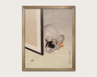 Cat Watching a Spider — Oide Tōkō, c.1890. Japanese Ink Painting. Minimalist Animal Art. (Museum Quality Print)