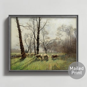 Shepherd with his Flock in Evening 1900s Pastural Landscape Art --- vintage sheep painting, rural country landscape print