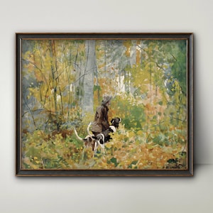 Impresión de pintura en acuarela de Winslow Homer en el sendero, década de 1890 --- arte de paisaje forestal de senderismo, perro de caza, arte de pared masculino