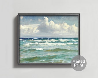 Breaking Waves 1920s Seascape --- vintage impressionist ocean painting white cloud print, sea green coastal art, ocean art